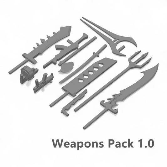 Display of Titan13 weapon pack accessories with swords and blades