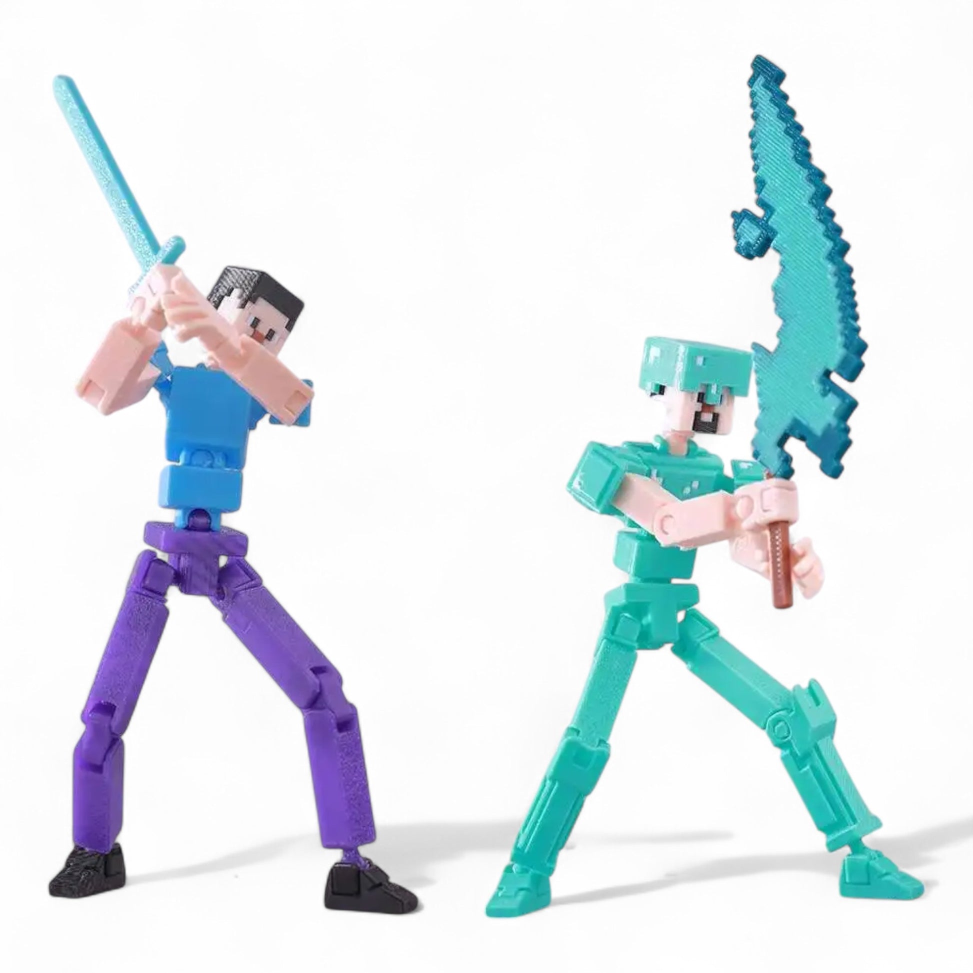 Dynamic pose of Steve in action stance – block-style toy