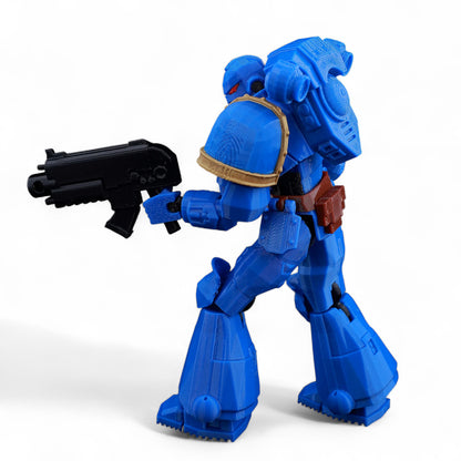 Back view of articulated Space Marine figure showing armor plating